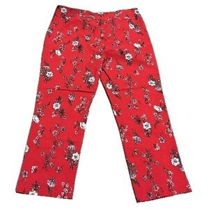 Jules & Leopold Red Floral Pull On Stretch Straight Leg Capri Pants Medium